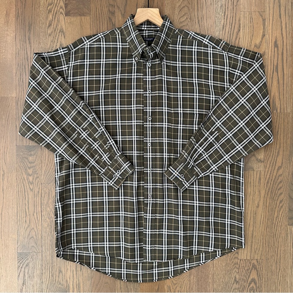 Burberry London Men's Plaid Checked Button Down Shirt in Olive Green Size Large